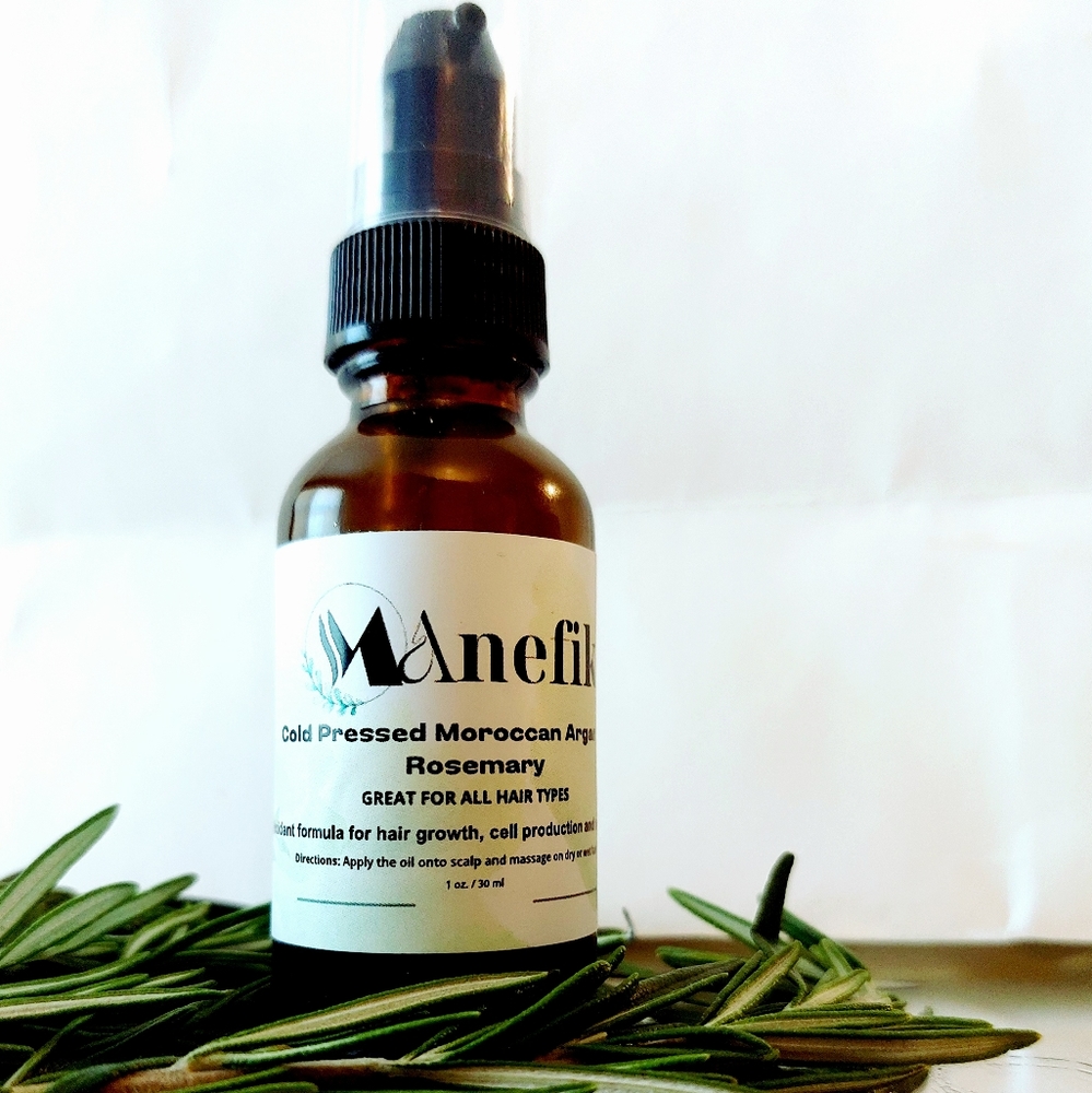 Moroccan Argan Oil with Rosemary. Great for all hair types.